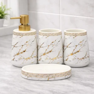 4-Piece Bathroom Accessories Set – White & Black with Gold Leaf Design Soap Dispenser, Toothbrush Holder & Soap Dish